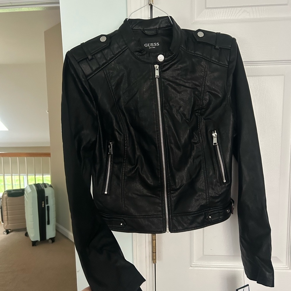 Guess Black Leather Biker Jacket with Stand-Up Collar